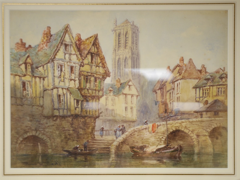 Pierre Le Boeuf (fl.1899-1920), three watercolours, comprising ‘Meaux, France’, ‘Rouen, The Butter Tower, France’ and ‘Chatillion’, each signed, details verso, 28 x 38cm. Condition - good